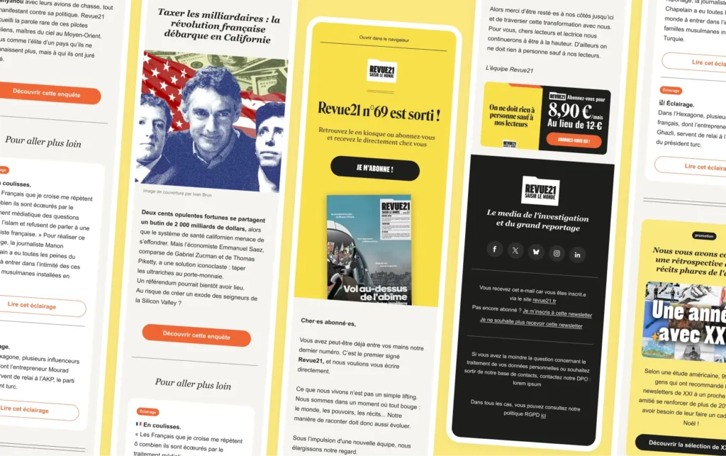 Image montrant des exemples d'e-mails designés pour Revue21