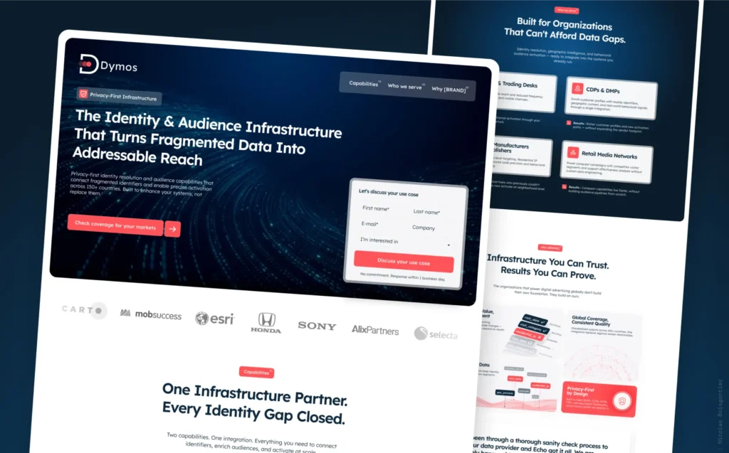 Image montrant des exemples de pages web designées et développées pour Dymos.ai