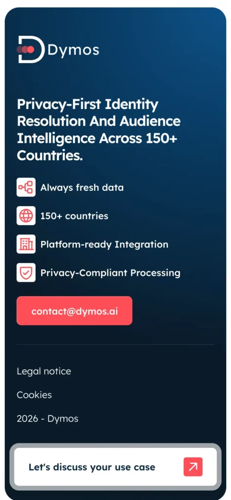 Vue mobile du footer de la landing page Webflow de Dymos.ai